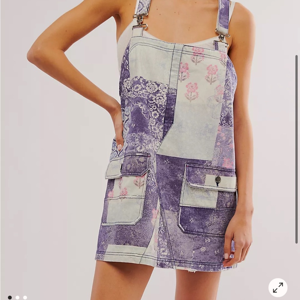 Free People Patchwork Print Denim Overalls - Purple & Pink